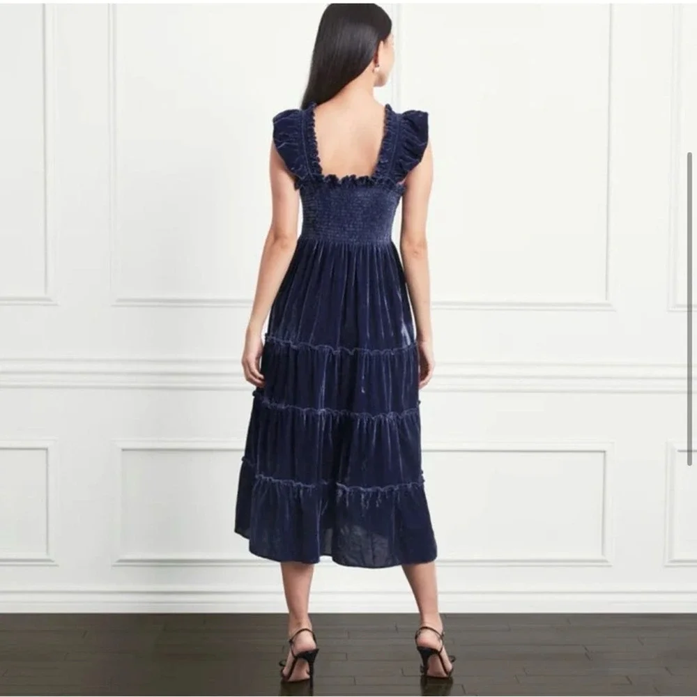 Hill House Size S The Ellie Nap Dress Navy Velvet Midi Tiered Smocked Bodice NEW - Picture 2 of 14